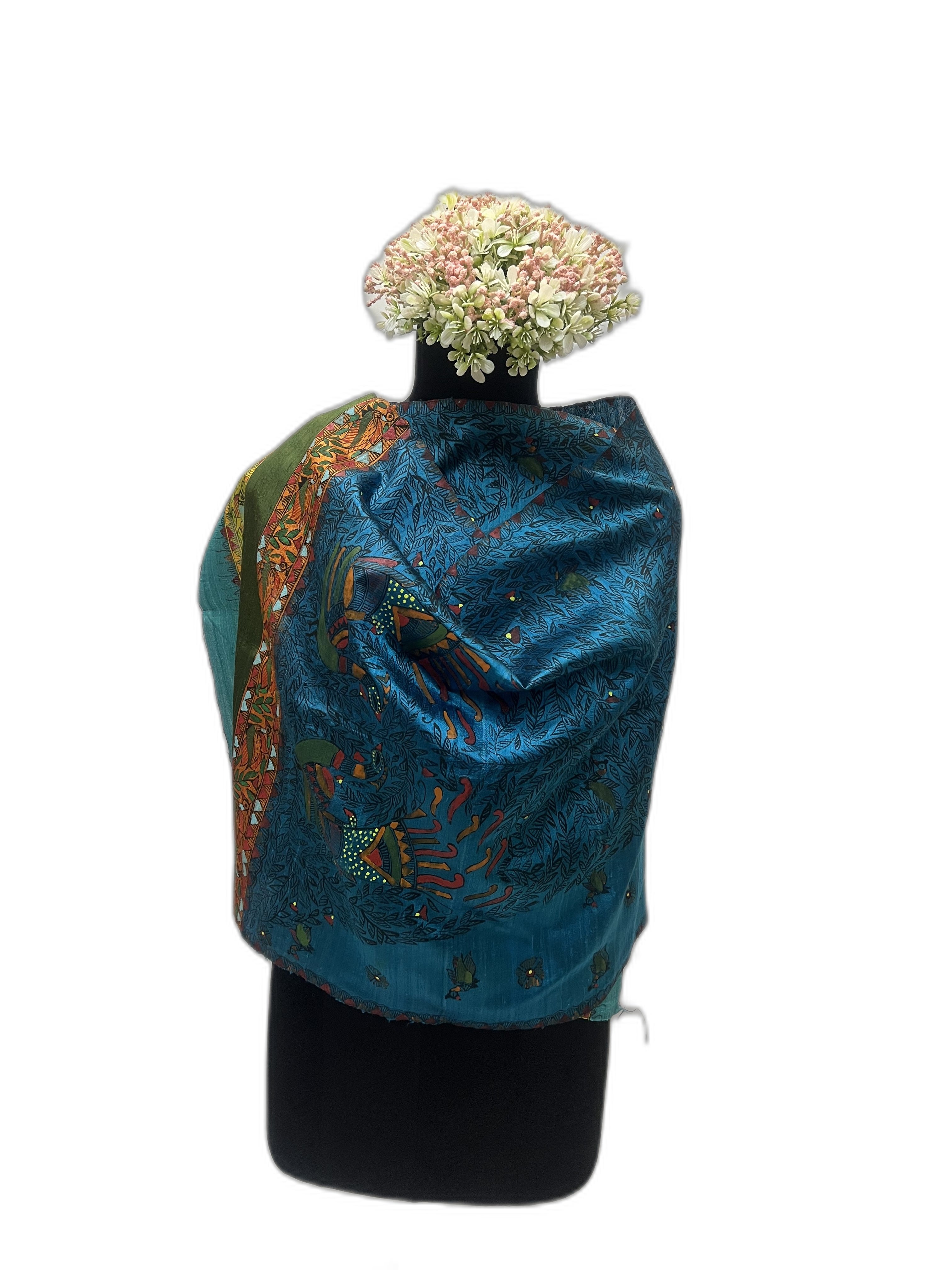 Madhubani Dupion Silk Stole in Turquoise with Handpainted Peacock and Fish, Motifs